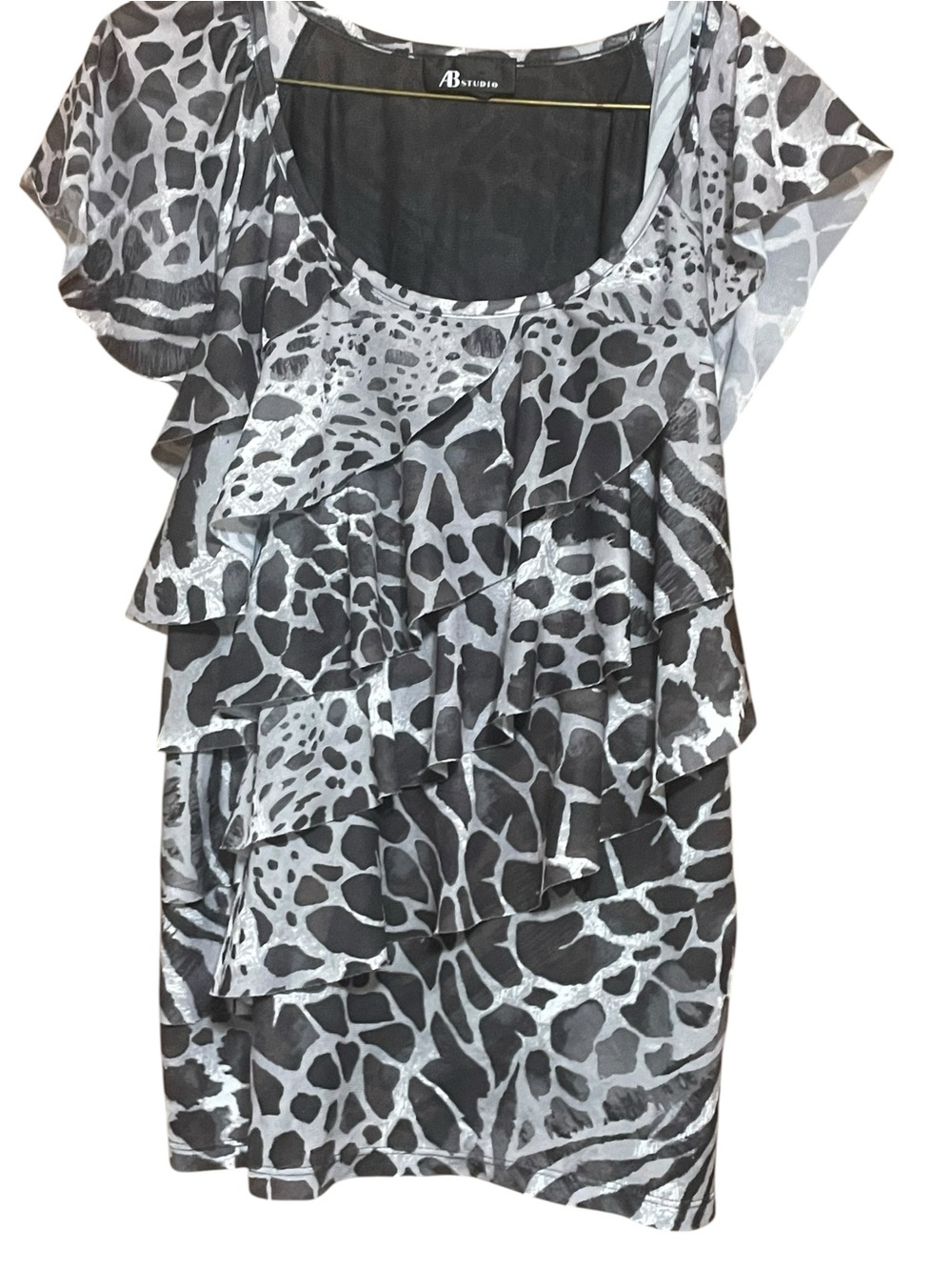 AB Studio Silver & Black Animal Print Ruffle Blouse